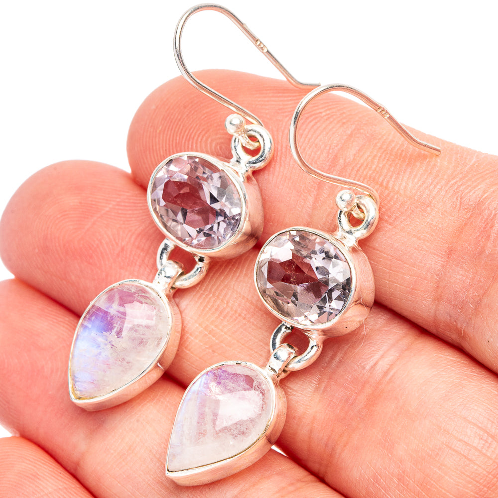 Rainbow Moonstone, White Quartz 925 Sterling Silver Earrings 1 5/8" (925 Sterling Silver) E2184