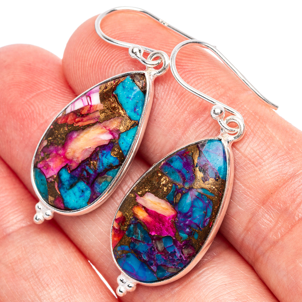 Kingman Pink Dahlia Turquoise Earrings 1 5/8" (925 Sterling Silver) E1906