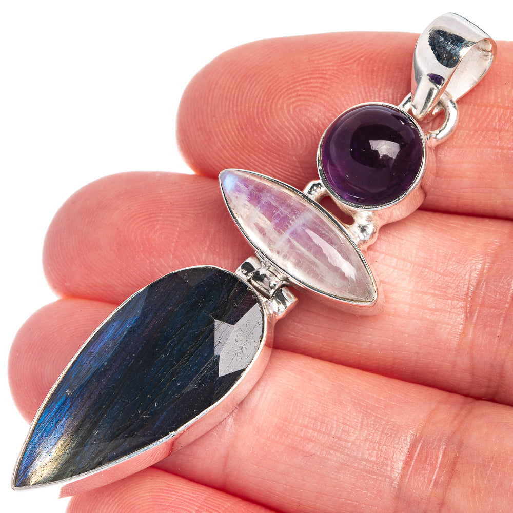 Labradorite, Rainbow Moonstone, Amethyst Pendant 2 3/8" (925 Sterling Silver) P39829