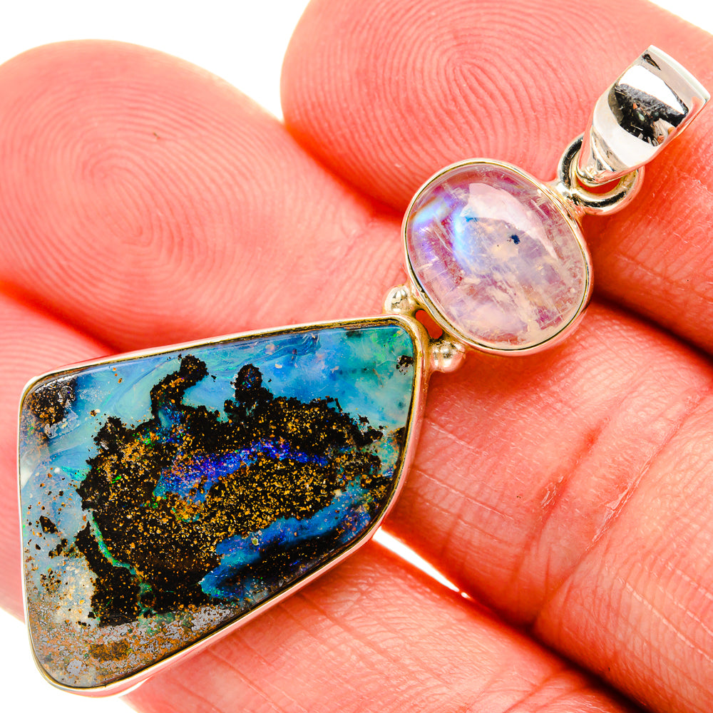 Boulder Opal, Rainbow Moonstone 925 Sterling Silver Pendant 2" (925 Sterling Silver) PD38361