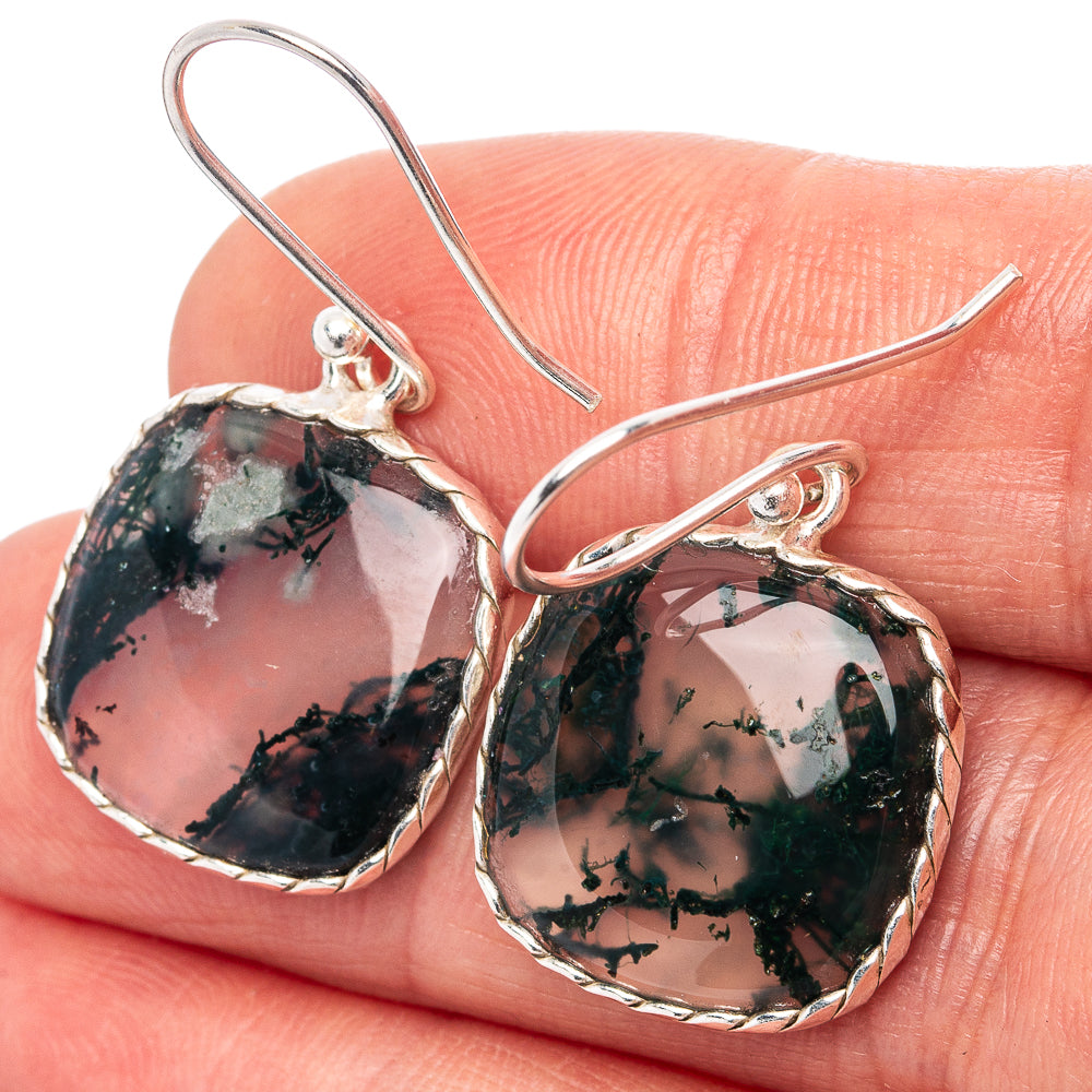Green Moss Agate Earrings 1 3/8" (.925 Sterling Silver)