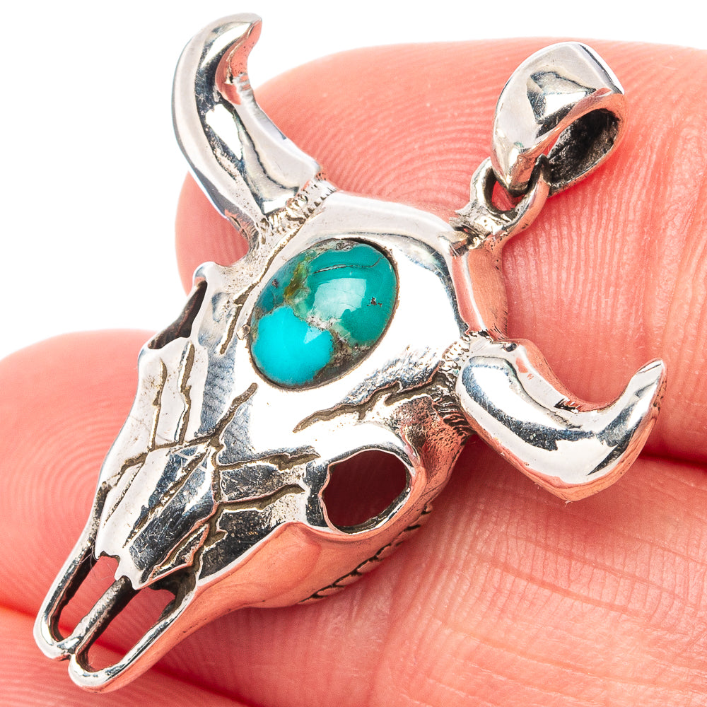 Mohave Turquoise Cow Skull Pendant 1 1/4" (.925 Sterling Silver)