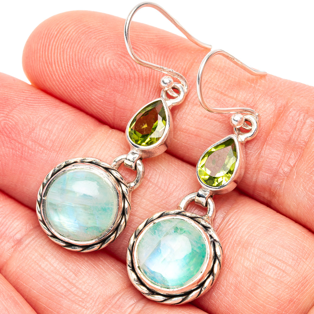 Green Moonstone, Peridot 925 Sterling Silver Earrings 1 5/8" (925 Sterling Silver) E2154