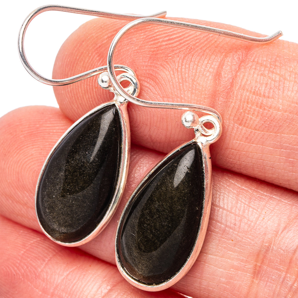 Golden Sheen Obsidian Earrings 1 3/8" (.925 Sterling Silver)