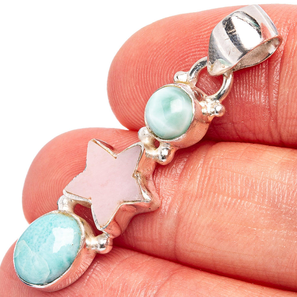 Rare Larimar Star, Pink Opal Pendant 1 5/8" (.925 Sterling Silver)