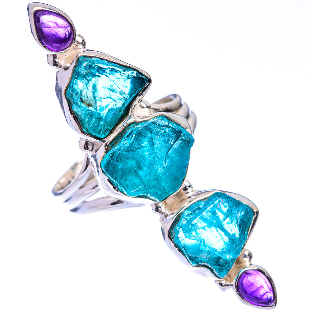 Large Raw Blue Fluorite, Amethyst Ring Size 9 (925 Sterling Silver) R140812
