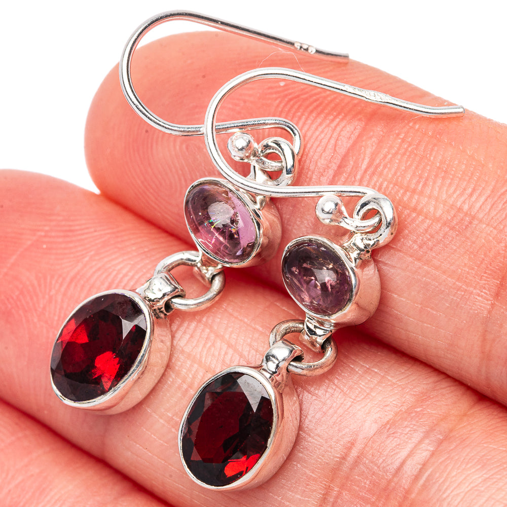 Garnet, Pink Tourmaline 925 Sterling Silver Earrings 1 3/8" (925 Sterling Silver) E1429