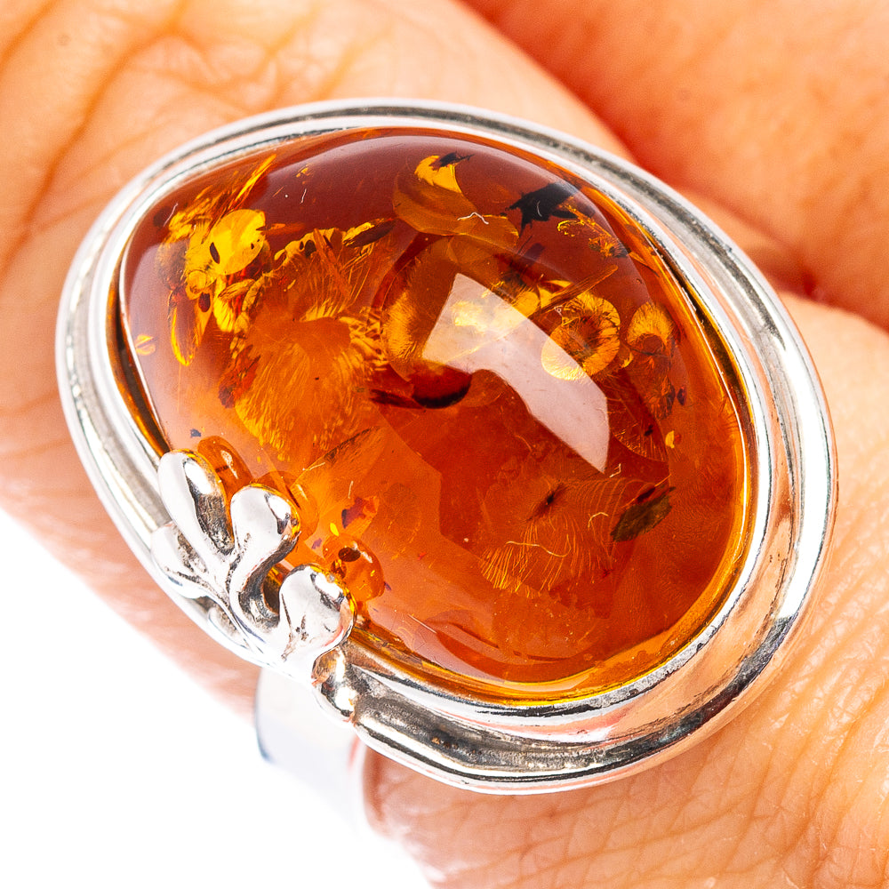 Baltic Amber Leaf Ring Size 7 Adjustable (.925 Sterling Silver)