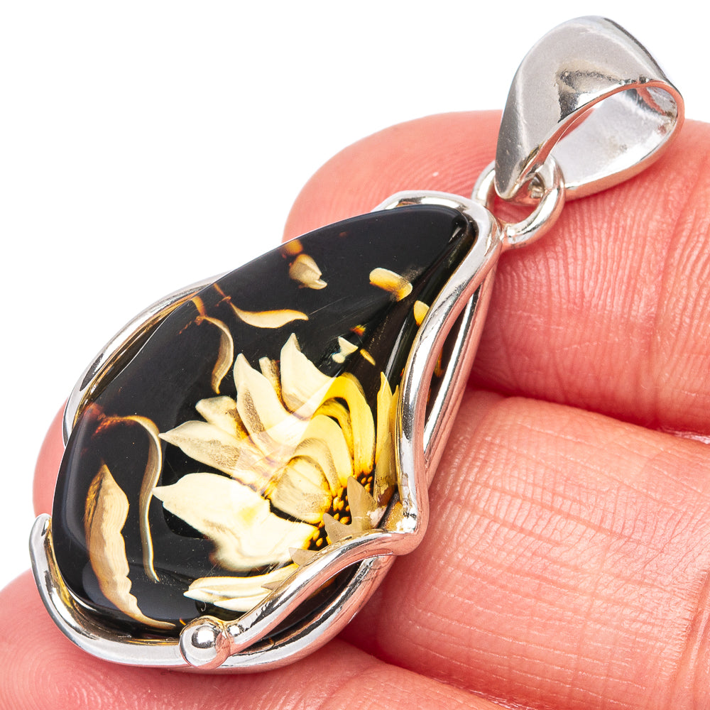 Amber Intaglio Sunflower Pendant 1 5/8" (925 Sterling Silver) P42558