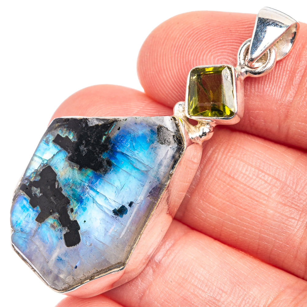 Raw Rainbow Moonstone, Peridot Pendant 2" (925 Sterling Silver) P39249