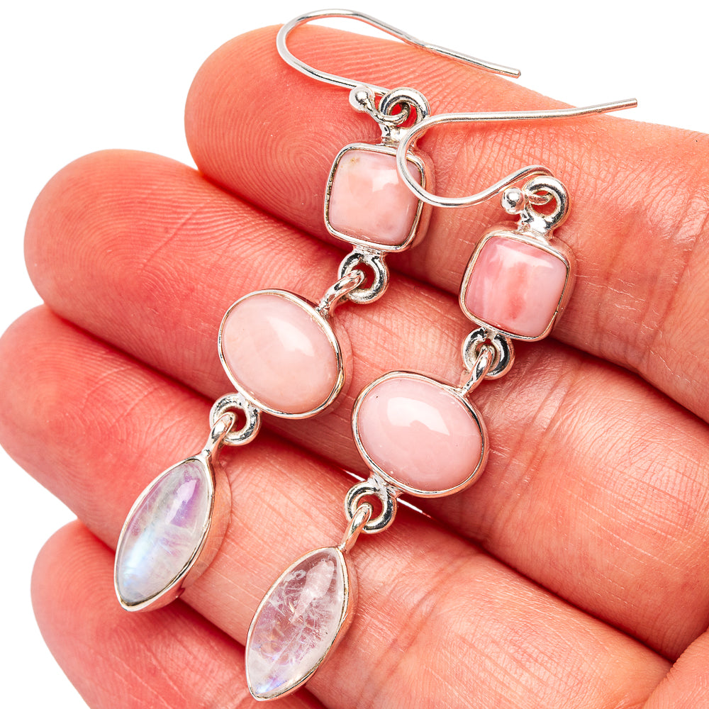 Premium Pink Opal, Rainbow Moonstone Earrings 2 1/8" (.925 Sterling Silver)