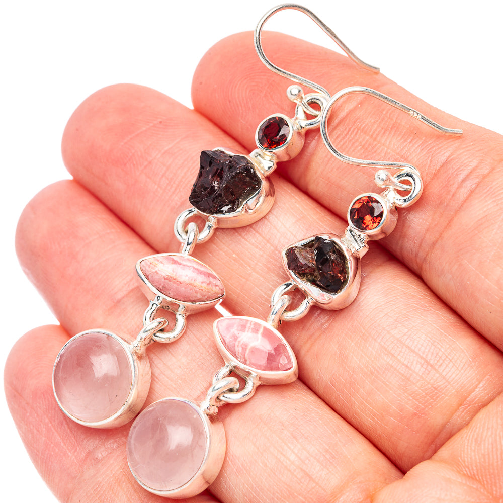 Rose Quartz, Rhodochrosite, Garnet Earrings 2 1/4" (925 Sterling Silver) E2372