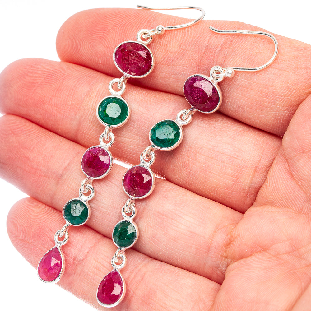 Ruby, Emerald Earrings 2 3/4" (925 Sterling Silver) E2685