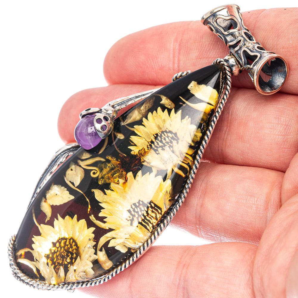 Anasilvercos Baltic Amber Cameo Pendant 3 1/8" (925 Sterlnig Silver)