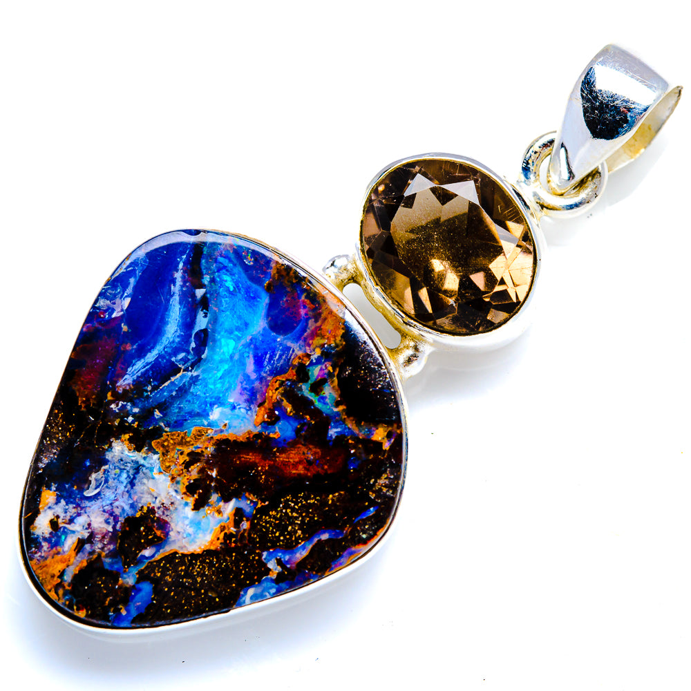 Boulder Opal, Smoky Quartz 925 Sterling Silver Pendant 2" (925 Sterling Silver) PD38408