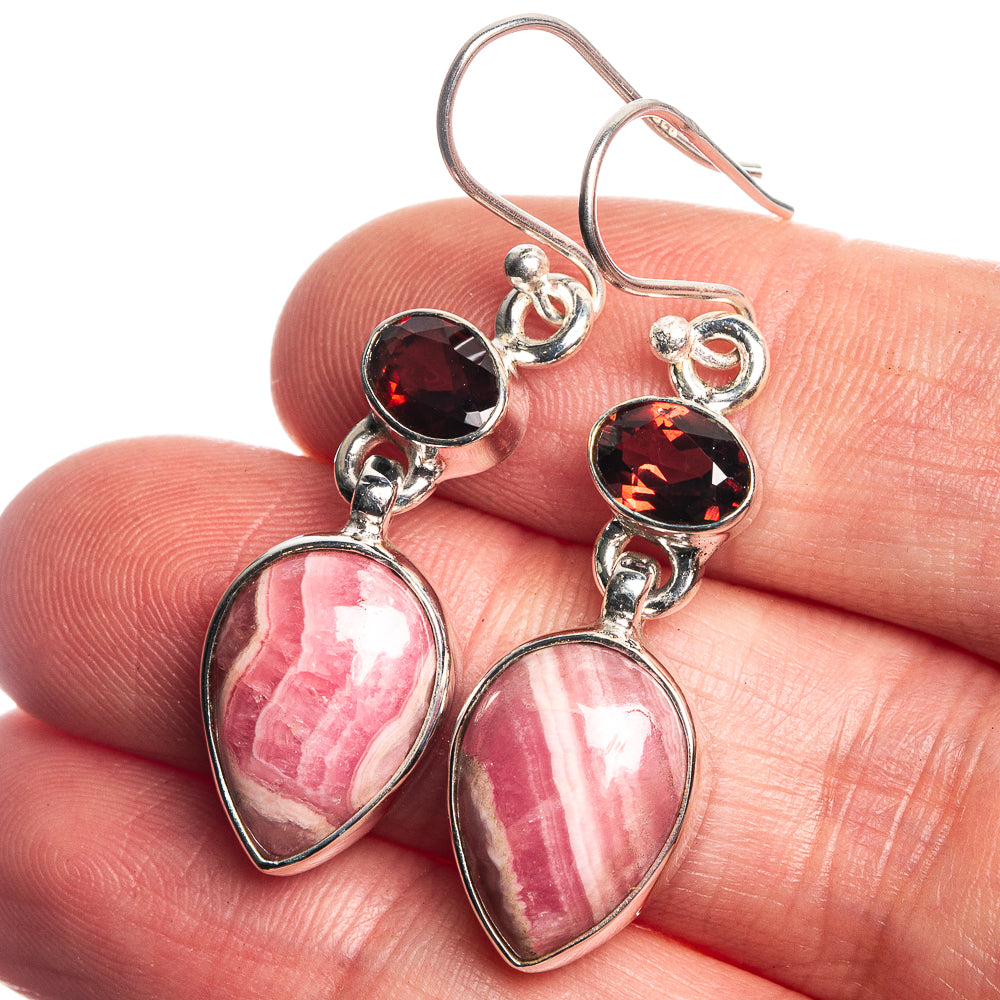 Rhodochrosite, Garnet 925 Sterling Silver Earrings 1 5/8"