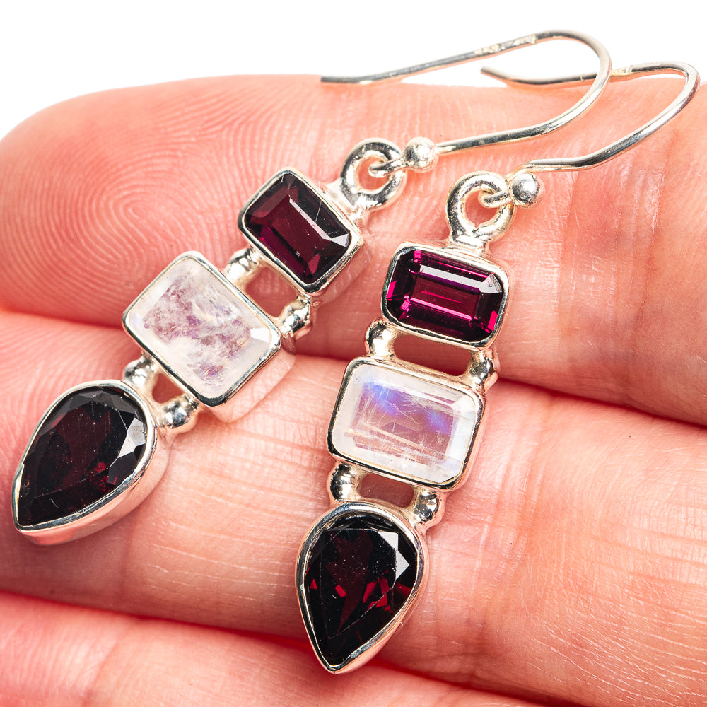 Rainbow Moonstone, Garnet Earrings 1 5/8" (925 Sterling Silver) E432781