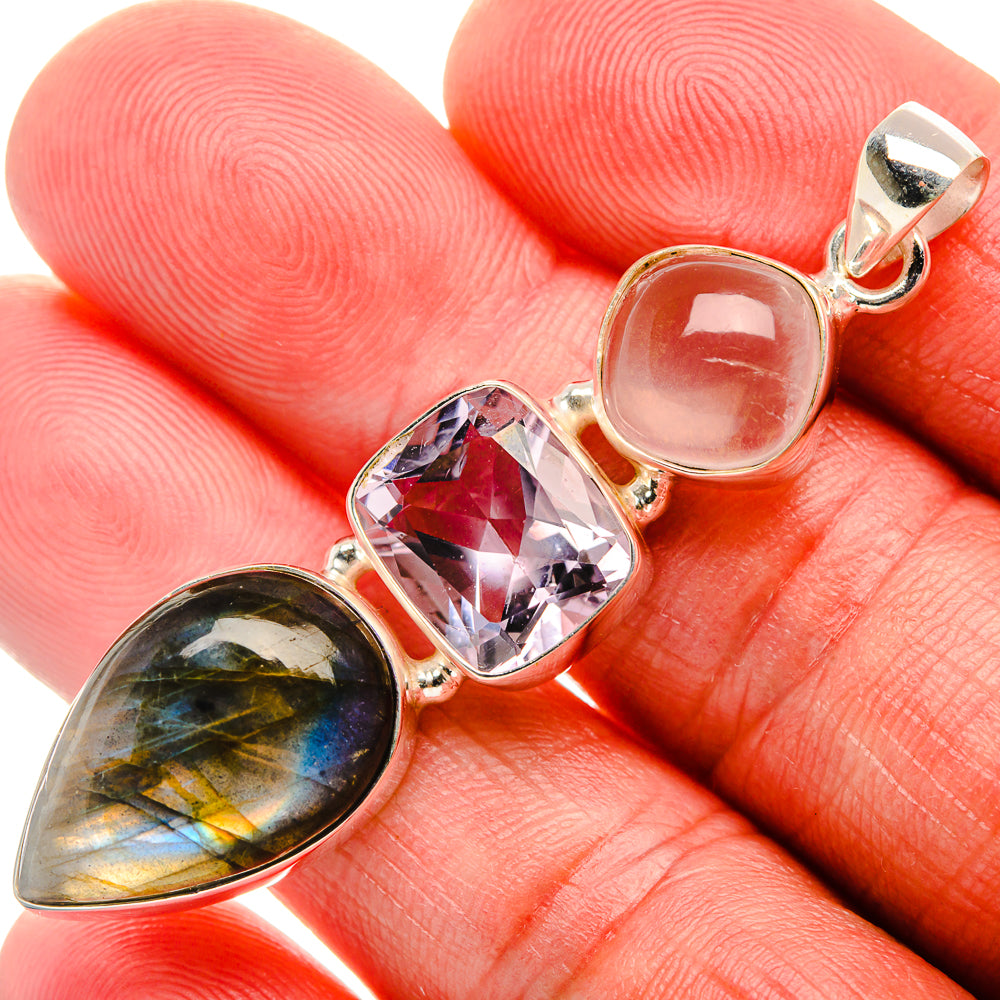 Labradorite, Amethyst, Rose Quartz Pendant 2 1/4" (925 Sterling Silver) PD38196