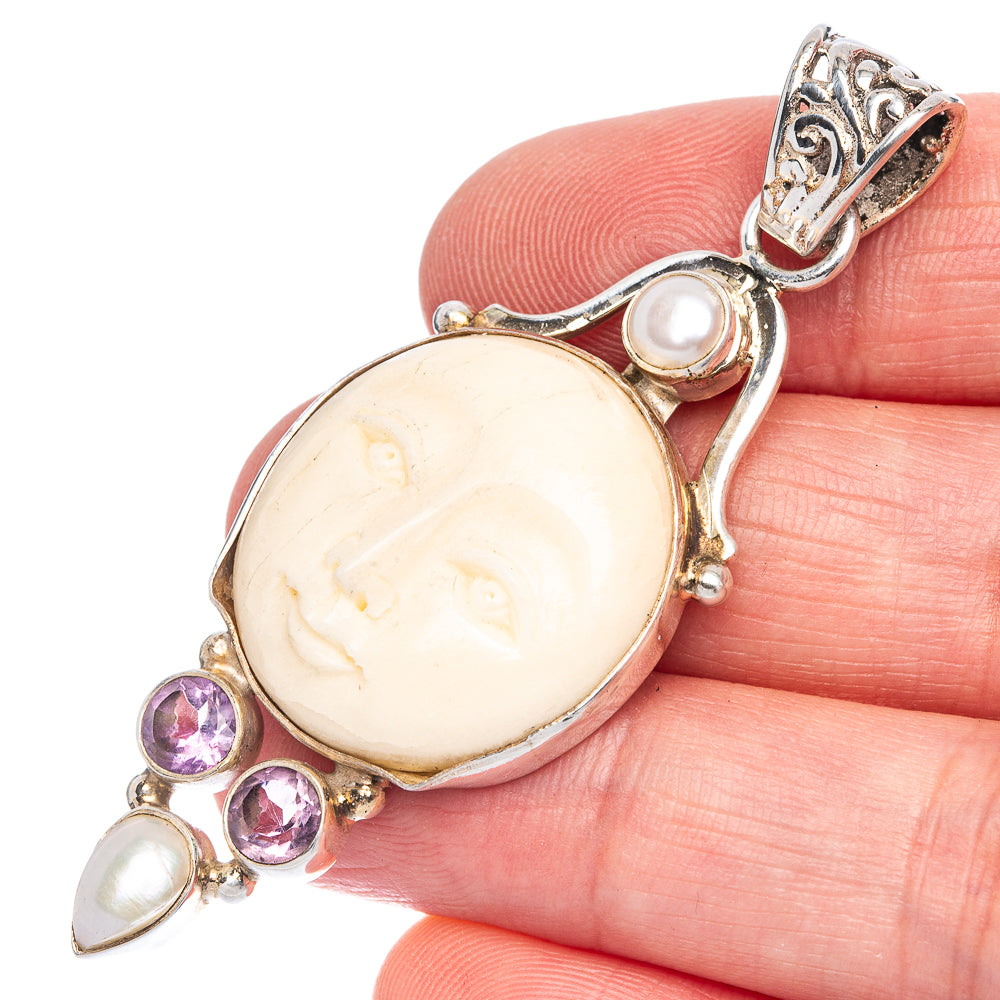 Carved Face, Amethyst, Cultured Pearl Pendant 2 3/8" (925 Sterling Silver) P40084