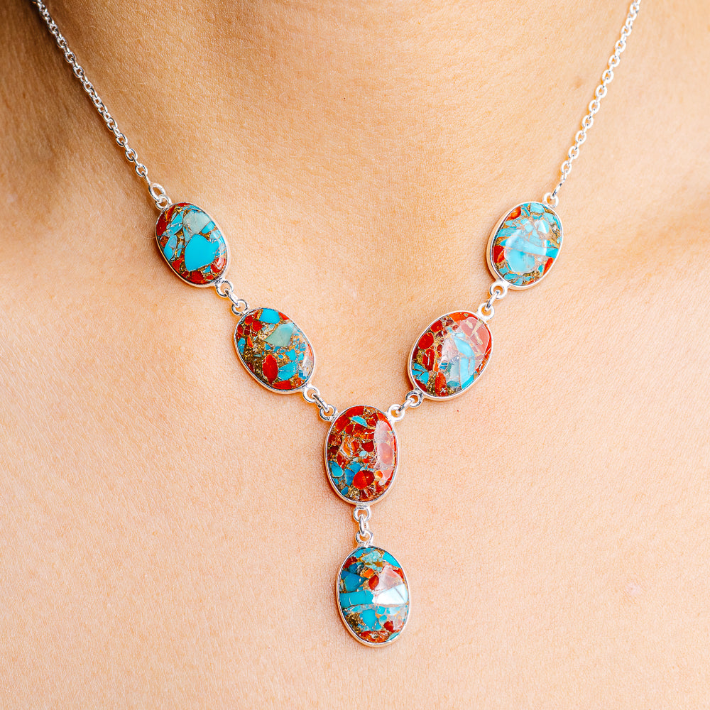 Coral Turquoise Matrix Necklace 16 to 18" (.925 Sterling Silver)