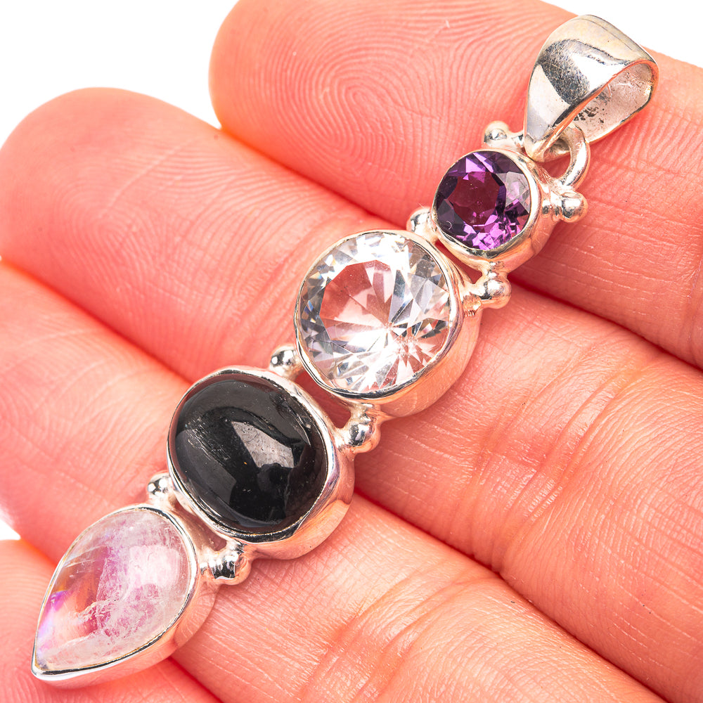 Star Diopside, Rainbow Moonstone, White Quartz, Amethyst Pendant 2" (925 Sterling Silver) P38682