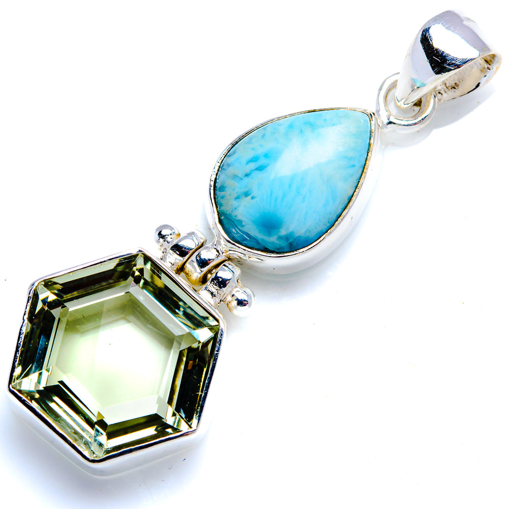 Faceted Green Amethyst, Larimar 925 Sterling Silver Pendant 1 3/4" (925 Sterling Silver) PD38409