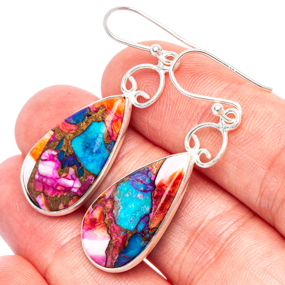 Kingman Pink Dahlia Turquoise Earrings 1 3/4" (925 Sterling Silver) E1835