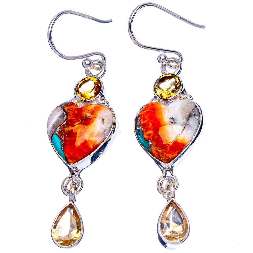 Spiny Oyster Turquoise, Citrine Heart Earrings 1 7/8" (925 Sterling Silver) E1790