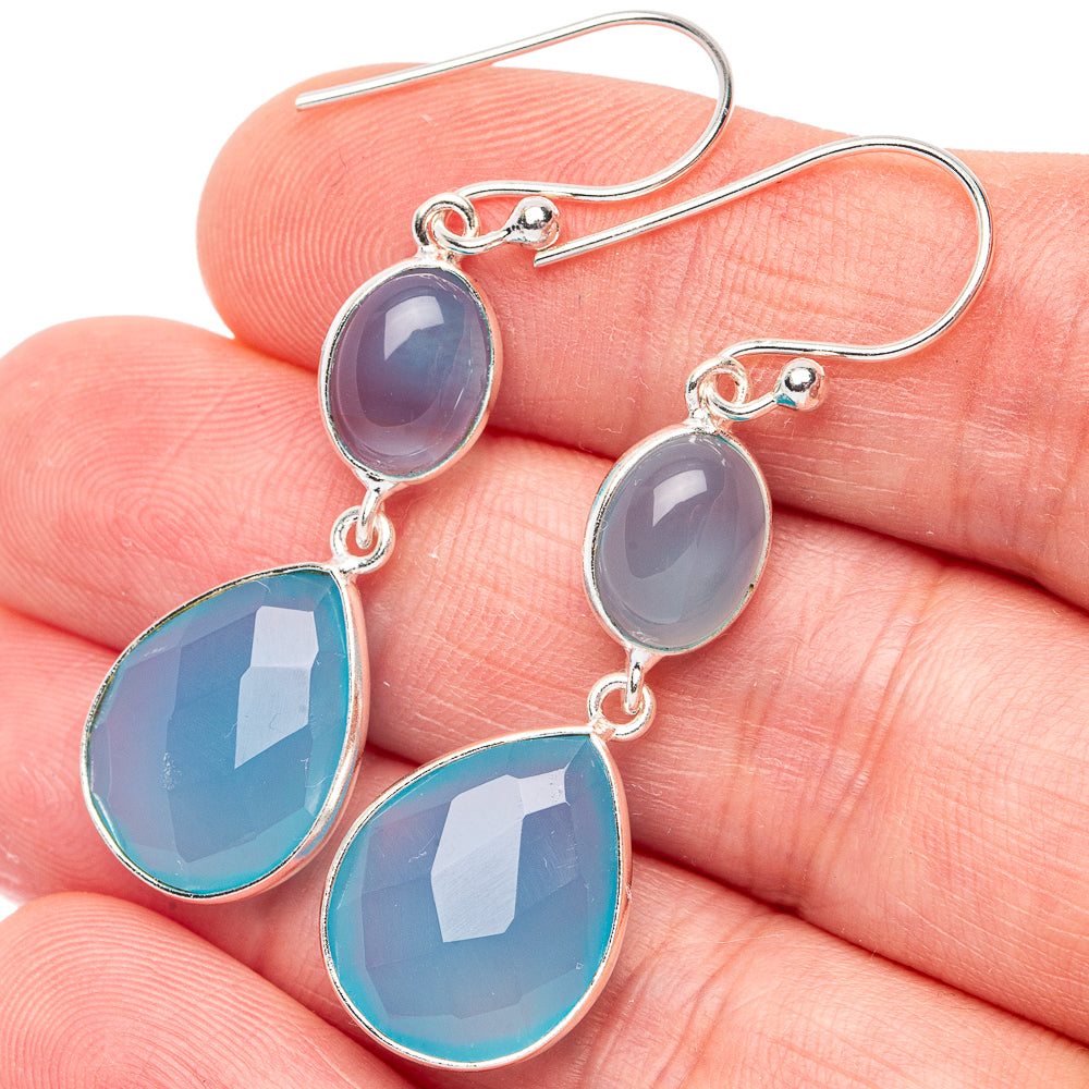 Aqua Chalcedony Earrings 1 3/4" (925 Sterling Silver) E3067