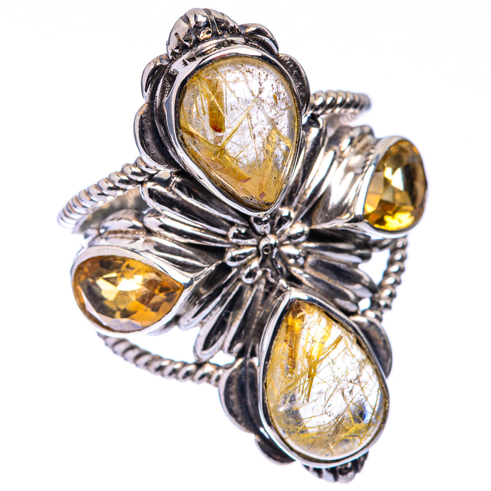 Large Rutilated Quartz, Citrine Ring Size 7.5 (925 Sterling Silver) R141208