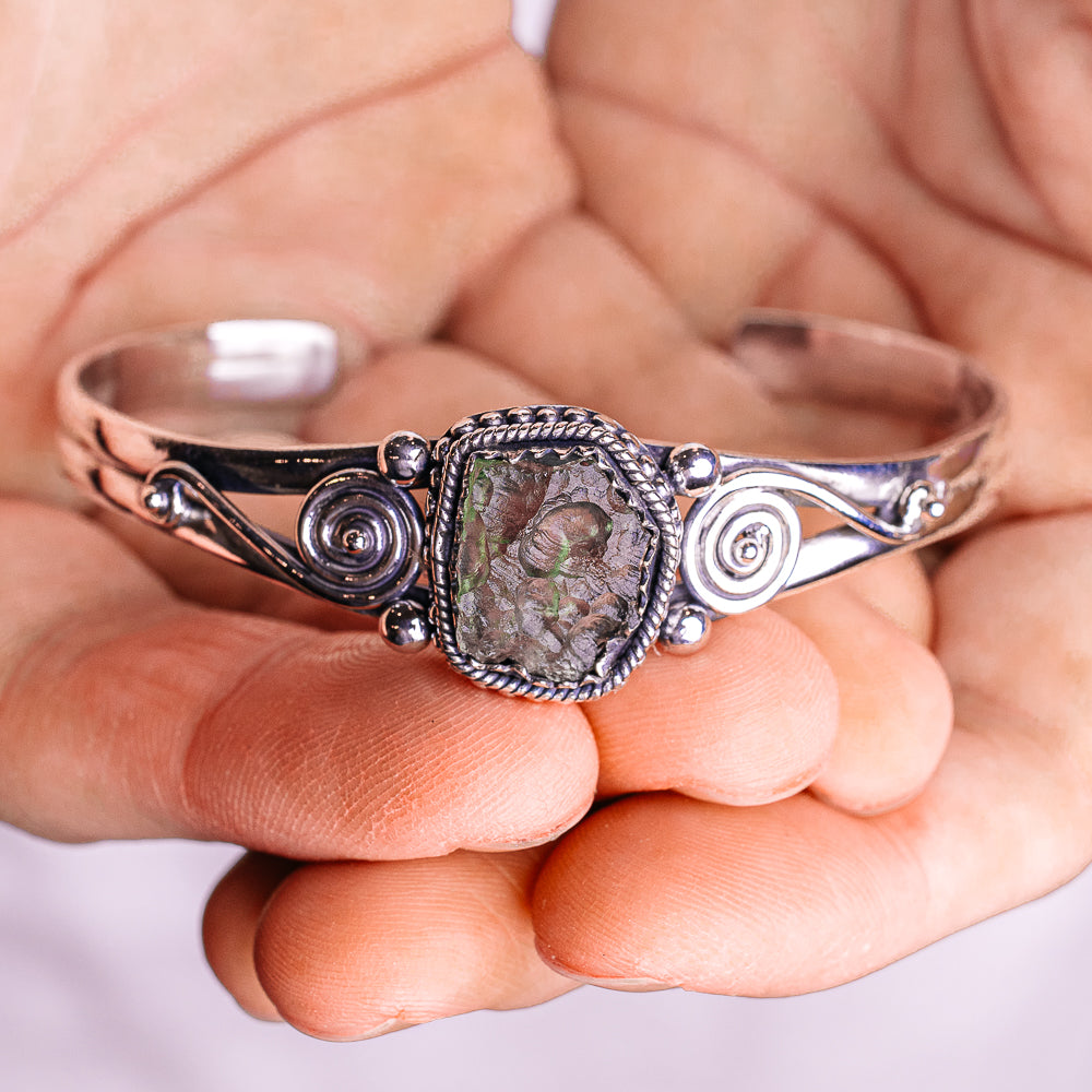 Moldavite Cuff Bracelet Adjustable (.925 Sterling Silver)