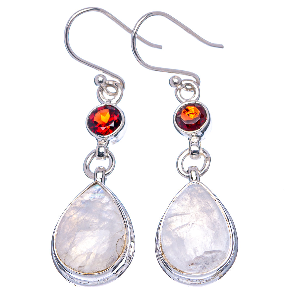 Rainbow Moonstone, Garnet Earrings 1 3/4" (.925 Sterling Silver)