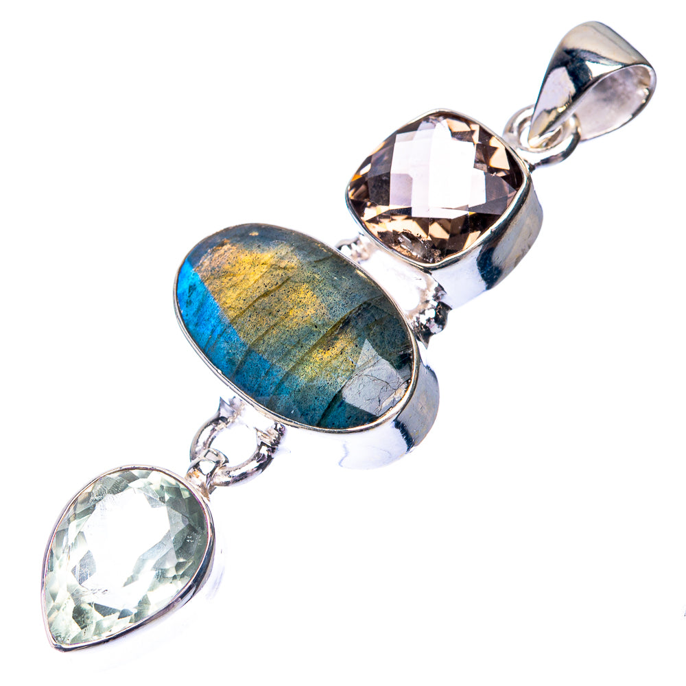 Labradorite, White Quartz, Smoky Quartz Pendant 2 1/8" (925 Sterling Silver) P38694