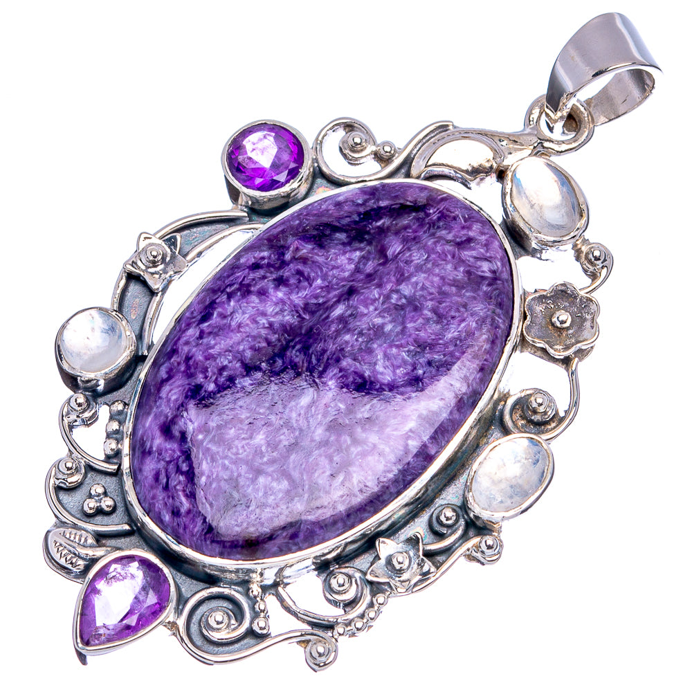Signature Charoite, Amethyst, Rainbow Moonstone Pendant 2 1/4" (.925 Sterling Silver)