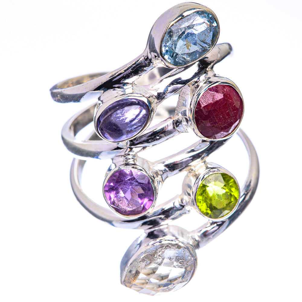 Large Blue Topaz, Tanzanite, Ruby, Amethyst, Peridot, White Quartz Ring Size 8 (925 Sterling Silver) RING143327