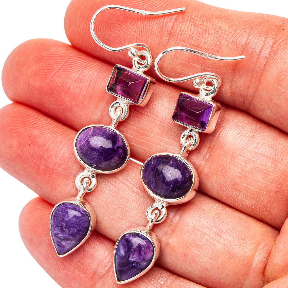 Premium Charoite, Amethyst Earrings 2 1/8" (.925 Sterling Silver)