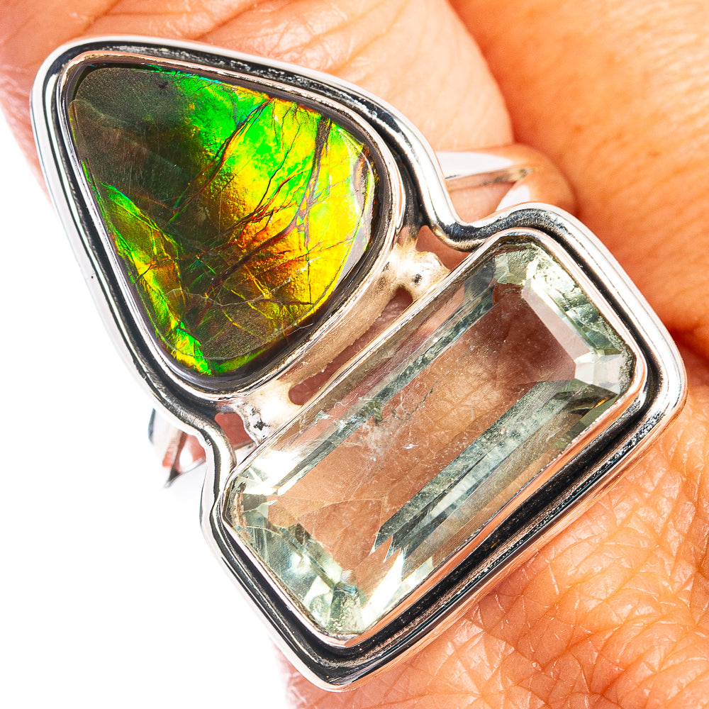 Premium Ammolite, Green Amethyst Ring Size 10 (.925 Sterling Silver)