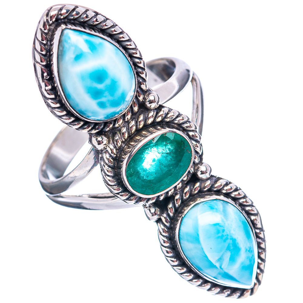 Premium Larimar, Zambian Emerald Ring Size 10 (.925 Sterling Silver)