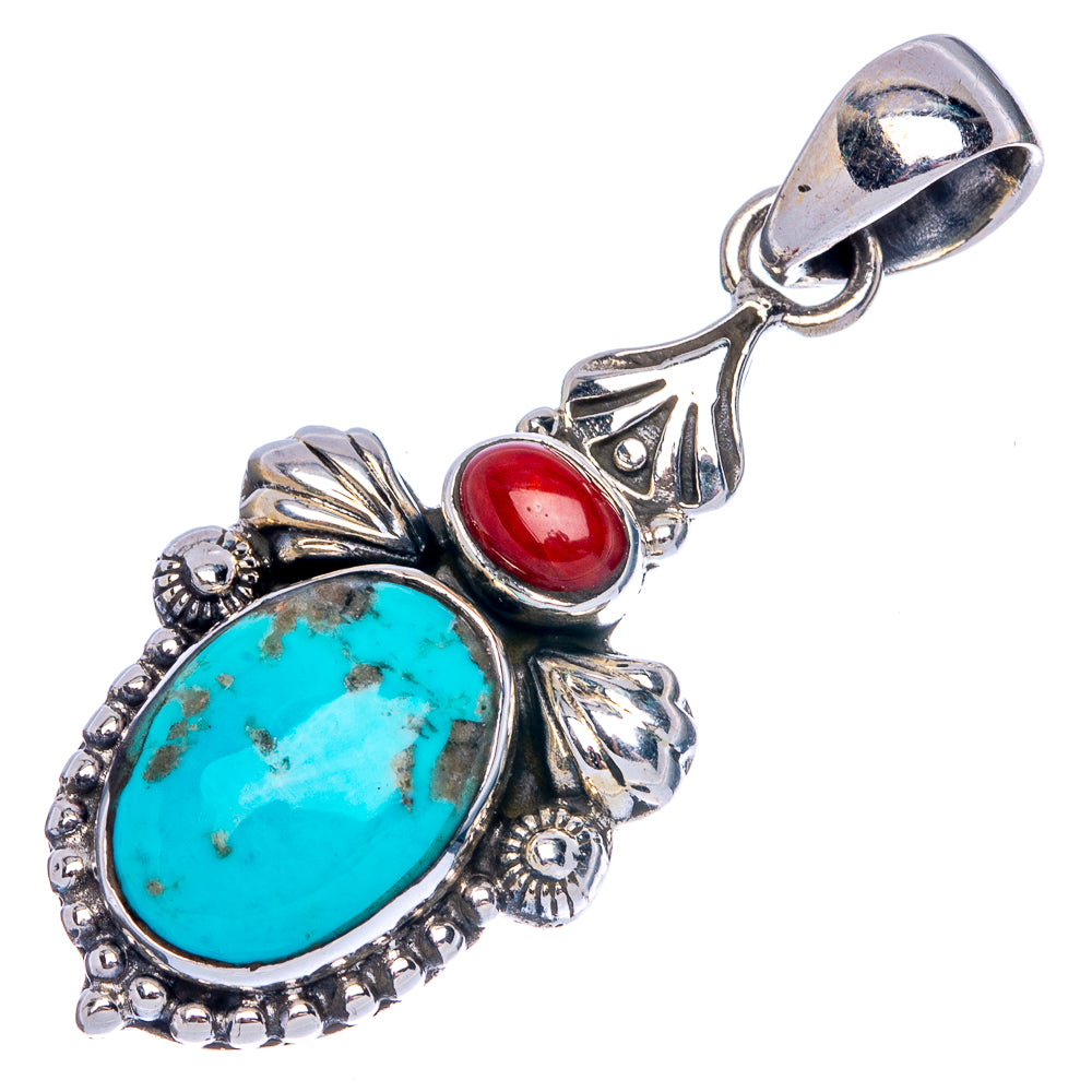 Tibetan Turquoise, Red Coral Pendant 1 5/8" (925 Sterling Silver) P40153