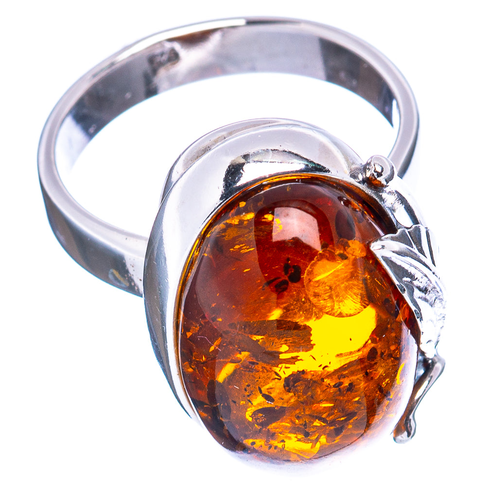 Baltic Amber Leaf Ring Size 8 Adjustable (.925 Sterling Silver)