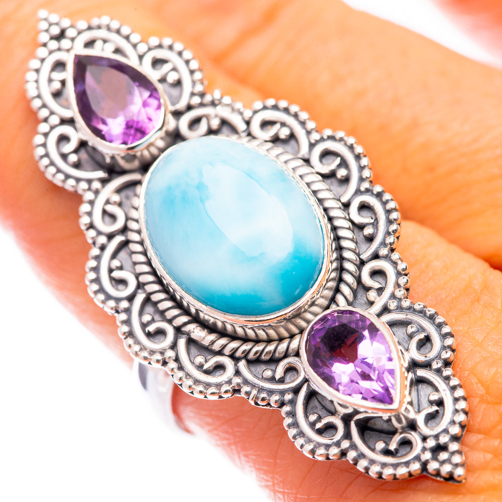 Large Larimar, Amethyst Ring Size 9 (925 Sterling Silver) R140994