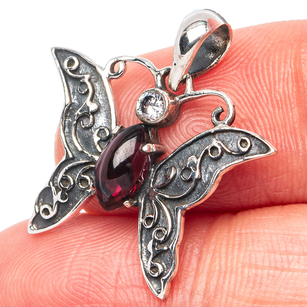 Dainty Garnet, White Quartz Butterfly Pendant 1" (925 Sterling Silver) P45365