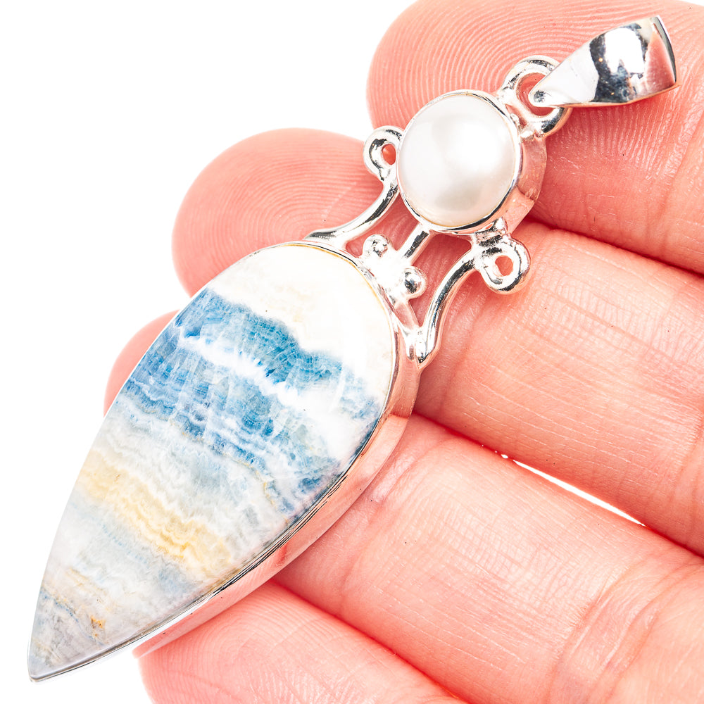 Blue Scheelite, Cultured Pearl Pendant 2 3/8" (925 Sterling Silver) P39283
