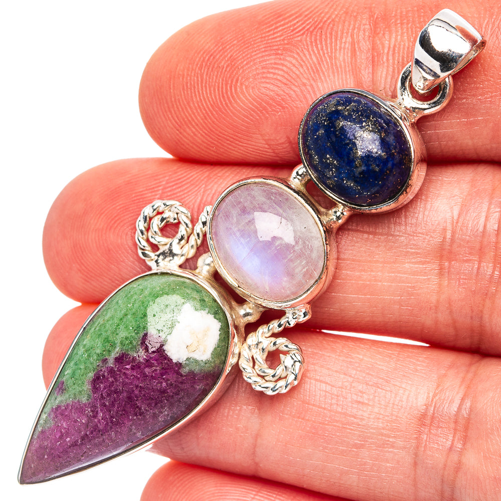 Premium Ruby Zoisite, Rainbow Moonstone, Lapis Lazuli Pendant 2 3/8" (.925 Sterling Silver)