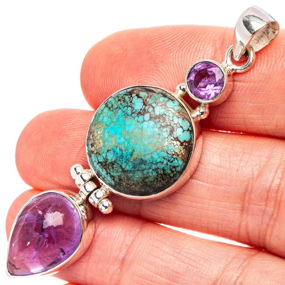 Premium Tibetan Turquoise, Amethyst Pendant 2 1/4" (.925 Sterling Silver)