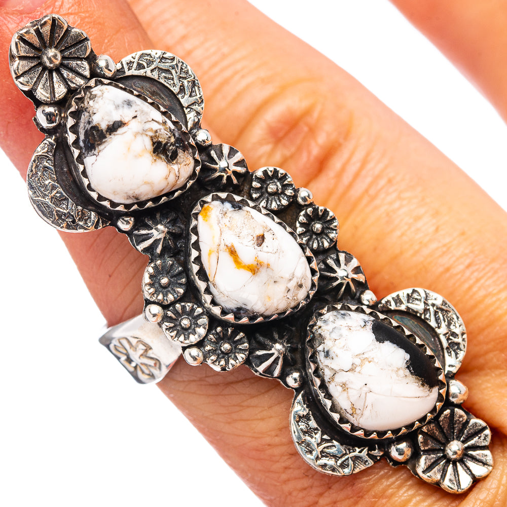 Exclusive Native Style White Buffalo Turquoise Ring Size 8 Adjustable (.925 Sterling Silver)