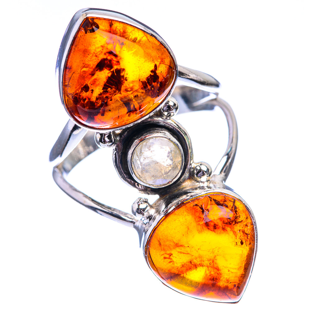 Baltic Amber, Rainbow Moonstone Ring Size 8 (925 Sterling Silver) R142060