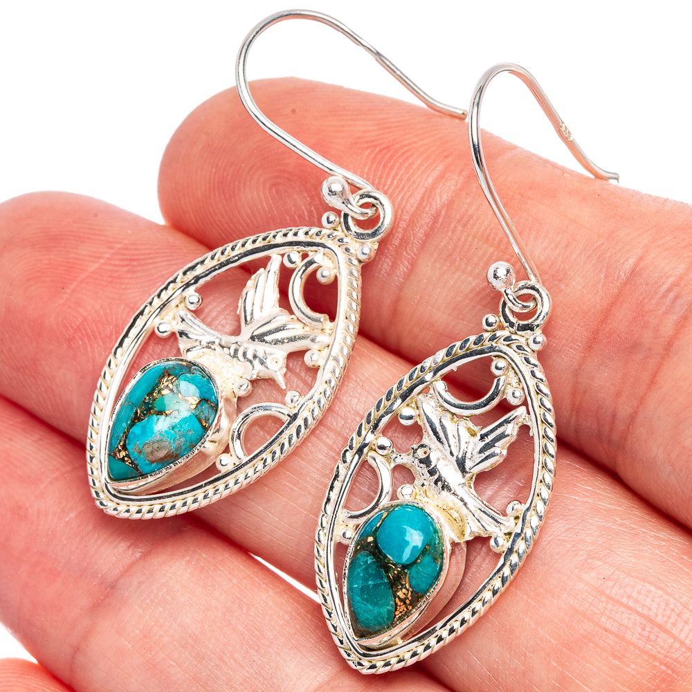 Blue Copper Composite Turquoise Hummingbird Earrings 1 5/8" (925 Sterling Silver) E433405