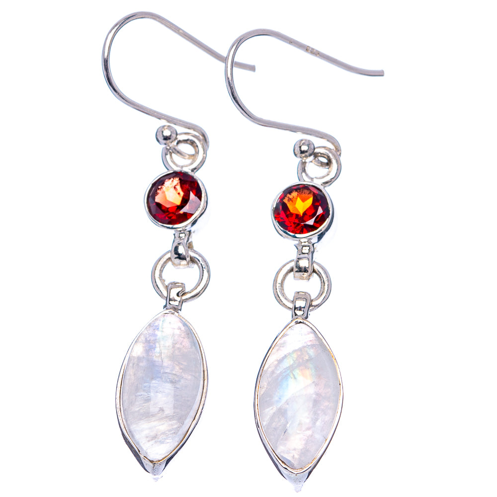 Rainbow Moonstone, Garnet Earrings 1 3/4" (.925 Sterling Silver)