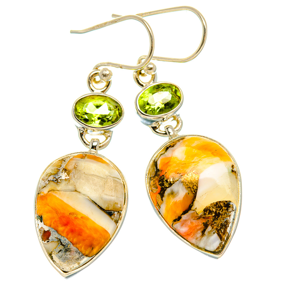 Orange Copper Composite Turquoise, Peridot Earrings 1 3/4" (925 Sterling Silver) EARR432027